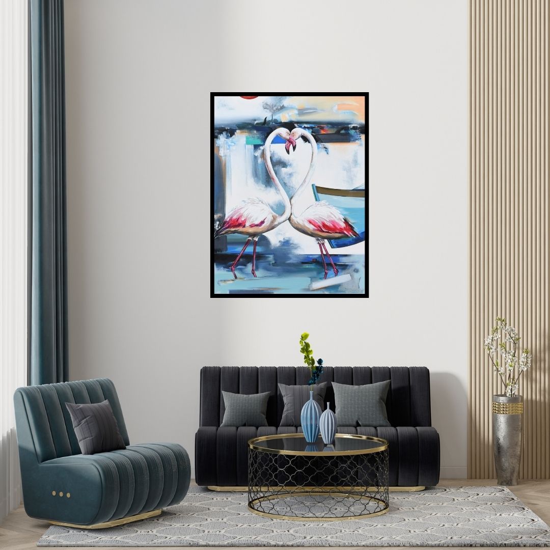 Preview of 'Flamingo 1 (Flamingo Reverie)' Painting by Vishwajeet Naik shown on a wall in a furnished room.