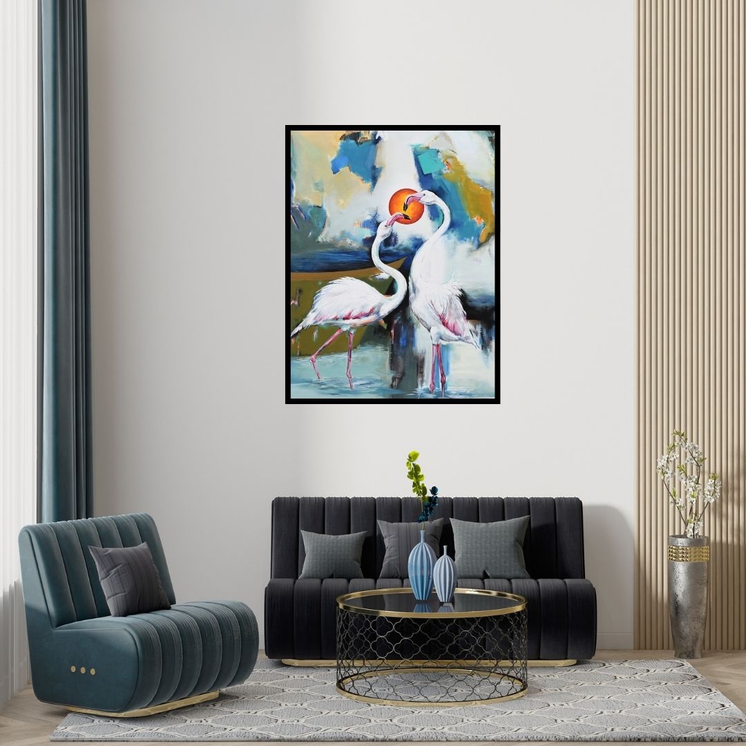 Preview of 'Flamingo 2 (Flamingo Duet)' Painting by Vishwajeet Naik shown on a wall in a furnished room.