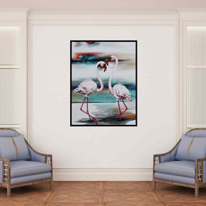 In-situ view of Vishwajeet Naik's 'Flamingo 3 (Whispers of the Wetlands)' painting in a room