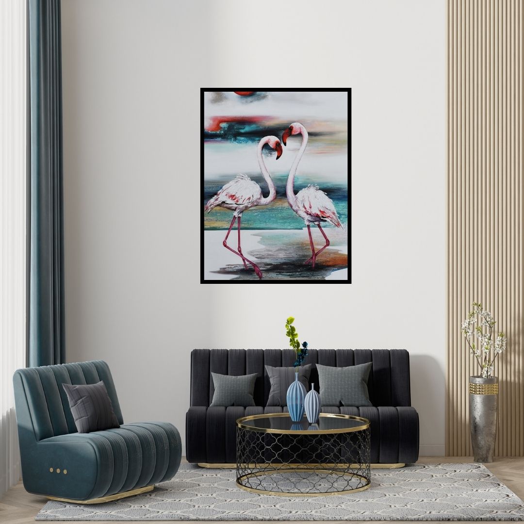 Preview of 'Flamingo 3 (Whispers of the Wetlands)' Painting by Vishwajeet Naik shown on a wall in a furnished room.
