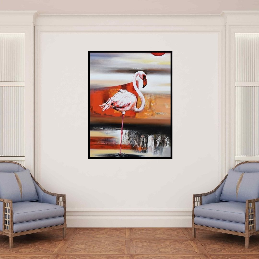 In-situ view of Vishwajeet Naik's 'Flamingo 4 (Crimson Horizon)' painting in a room