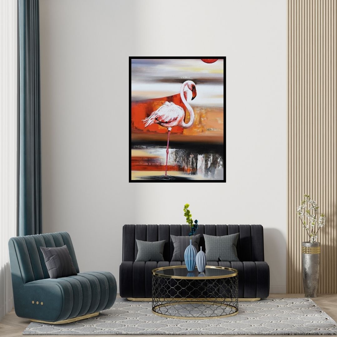 Preview of 'Flamingo 4 (Crimson Horizon)' Painting by Vishwajeet Naik shown on a wall in a furnished room.