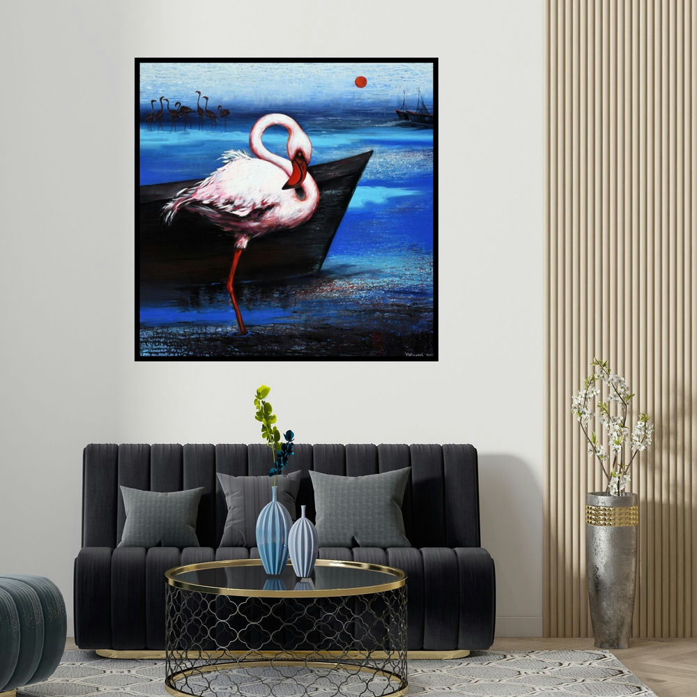Vishwajeet Naik's 'Flamingo 6 (Voyage of the Pink Sentinels)' painting visualized above a sofa in a contemporary room.
