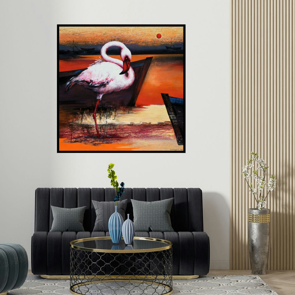 Vishwajeet Naik's 'Flamingo 7 (Crimson Dusk)' painting visualized above a sofa in a contemporary room.