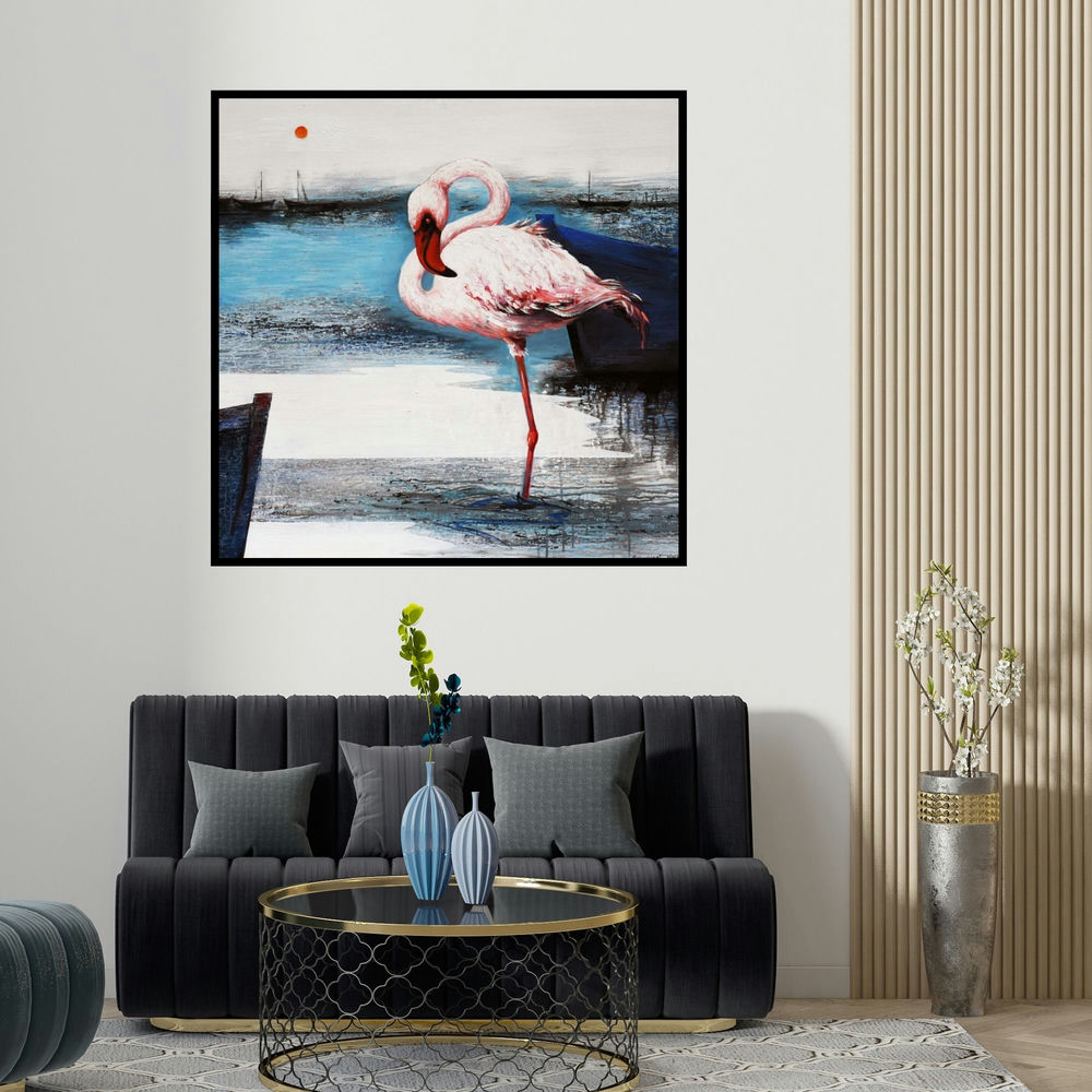 Vishwajeet Naik's 'Flamingo 8 (Misty Morning)' painting visualized above a sofa in a contemporary room.