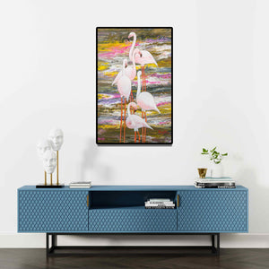 Shivani Attri's 'Flamingos (Graceful Gathering)' Painting visualized above a sofa in a contemporary room