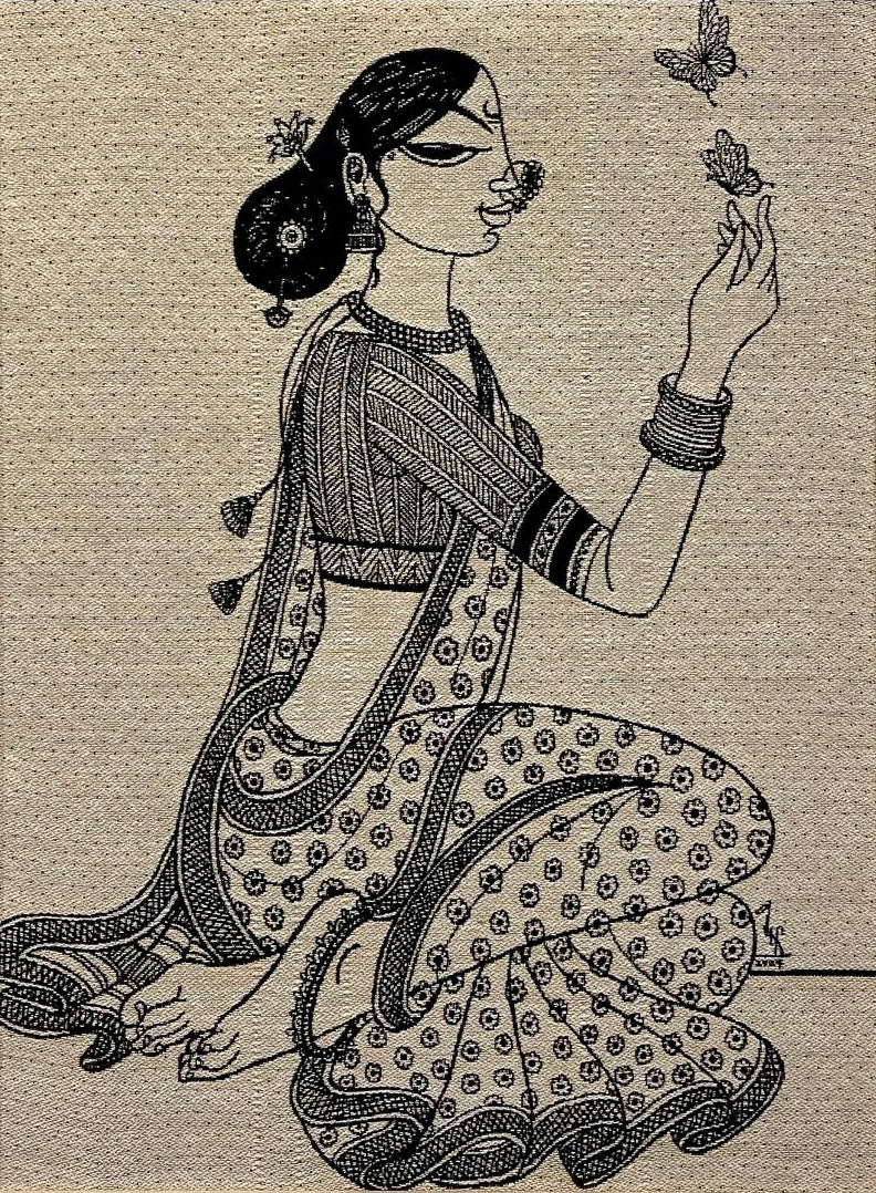 The Flay' figurative mixed-media painting by artist Varsha R Kharatmal, 24x18 inch, on jucard textile