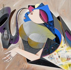 Flight Of Imagination 2 (Jazzy Rhapsody) by Pradip Sarkar, Original Acrylic Figurative Painting on Canvas, Small Square Wall Art