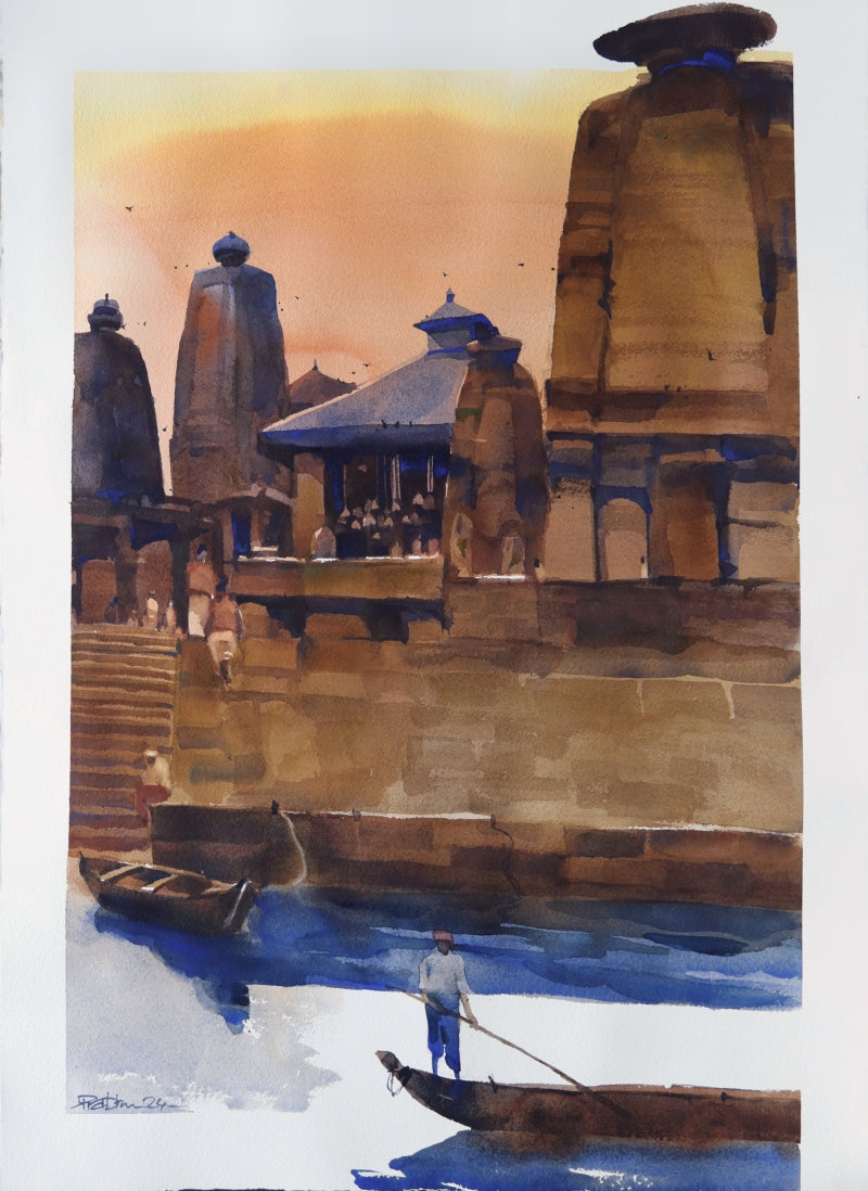Floating In The Ages Past' religious watercolor painting by artist Prashant Prabhu, 30x22 inch, on paper