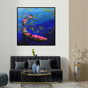 Shraddha More's 'Floating Flowers On Blue (A Day's Harvest)' painting visualized above a sofa in a contemporary room.