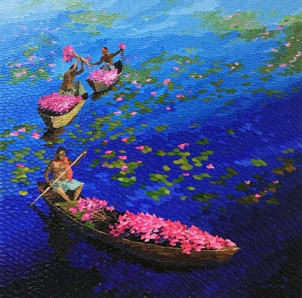 Floating Flowers On Blue Painting by Shraddha More | ArtZolo.com