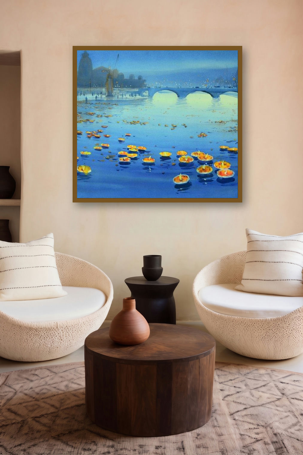 Floating Lamps In Banaras Ganga (River of Lights) by artist Ganesh Hire displayed in a Indian Art gallery