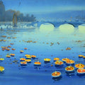 Nature watercolor painting titled 'Floating Lamps in Banaras Ganga', 22x45 inches, by artist Ganesh Hire on Paper