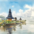 'Floating Temple Bali' religious watercolor painting by artist Lasya Upadhyaya, 15x22 inch, on paper