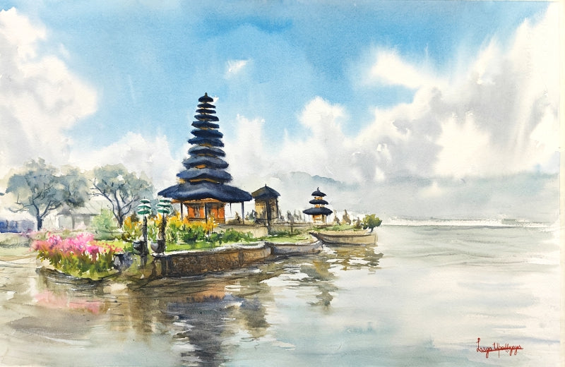 'Floating Temple Bali' religious watercolor painting by artist Lasya Upadhyaya, 15x22 inch, on paper