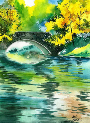 Floods R (Reflections of Tranquility) by Anil Nene, Original Watercolor Landscape Painting on Paper, Small Vertical Wall Art