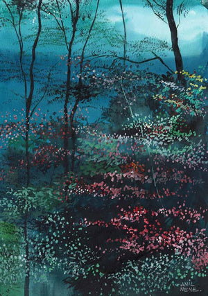 Flora by Anil Nene, Original Watercolor Landscape Painting on Paper, Small Vertical Wall Art