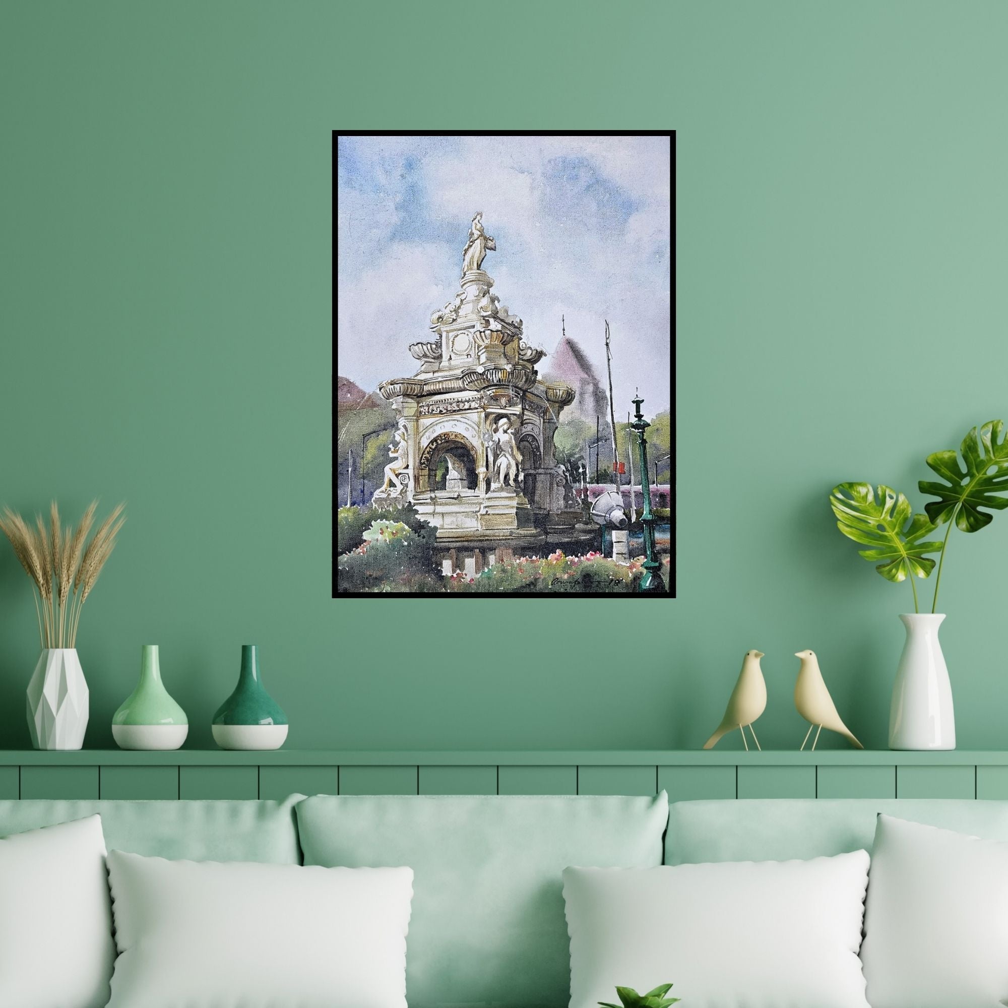 Preview of 'Flora Fountain (Flora Fountain Majesty)' Painting by Ranabir Saha shown on a wall in a furnished room.