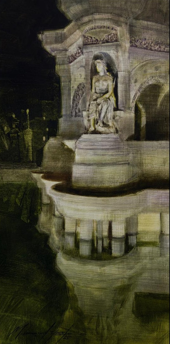 Flora Fountain 3' cityscape watercolor painting by artist Mohammad Yusuf, 14x7 inch, on paper