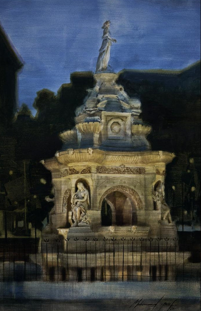 Flora Fountain 4' cityscape watercolor painting by artist Mohammad Yusuf, 18x11 inch, on paper