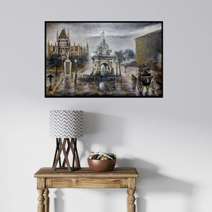 In-situ view of Aman A's 'Flora Fountain And Hutatma Chowk In Rain (Mumbai Monsoon)' painting in a room