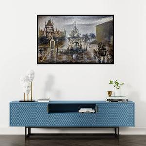 Preview of 'Flora Fountain And Hutatma Chowk In Rain (Mumbai Monsoon)' Painting by Aman A shown on a wall in a furnished room.