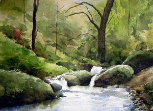 Flow (Murmuring Woods) by Jitendra Sule, Original Watercolor Landscape Painting on Handmade Paper, Small Horizontal Wall Art