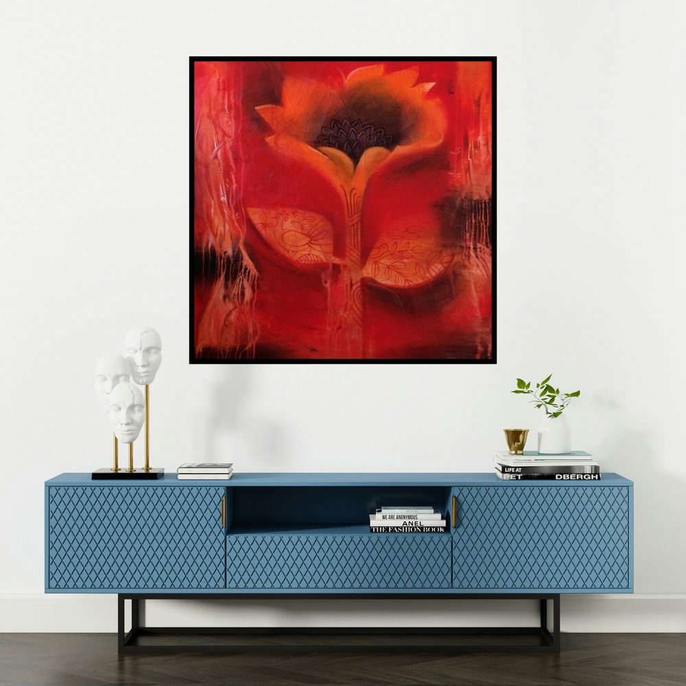 'Flower' painting by Balaji Ubale shown on a wall in a furnished room.