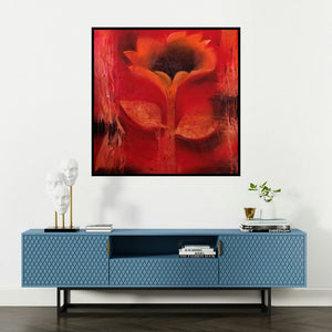 'Flower' painting by Balaji Ubale shown on a wall in a furnished room.