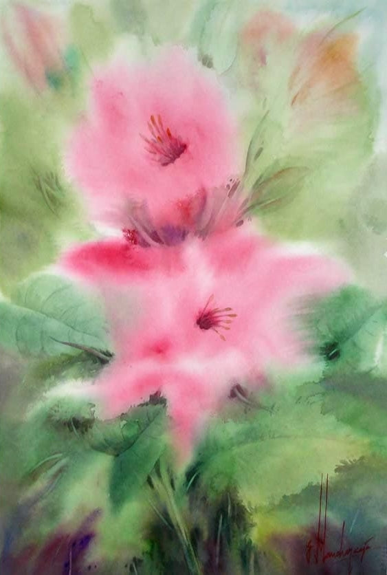 'Flower 10' nature watercolor painting by artist Manohar Raja, 22x14 inch, on paper