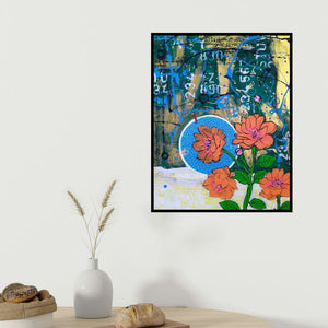 Gopal Roy's 'Flower 2 (Abstract Floral 1)' painting visualized above a sofa in a contemporary room.