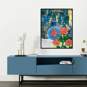 'Flower 2 (Abstract Floral 1)' painting by Gopal Roy shown on a wall in a furnished room.