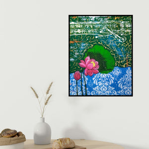 Gopal Roy's 'Flower 3 (Lotus Bloom 1)' painting visualized above a sofa in a contemporary room.