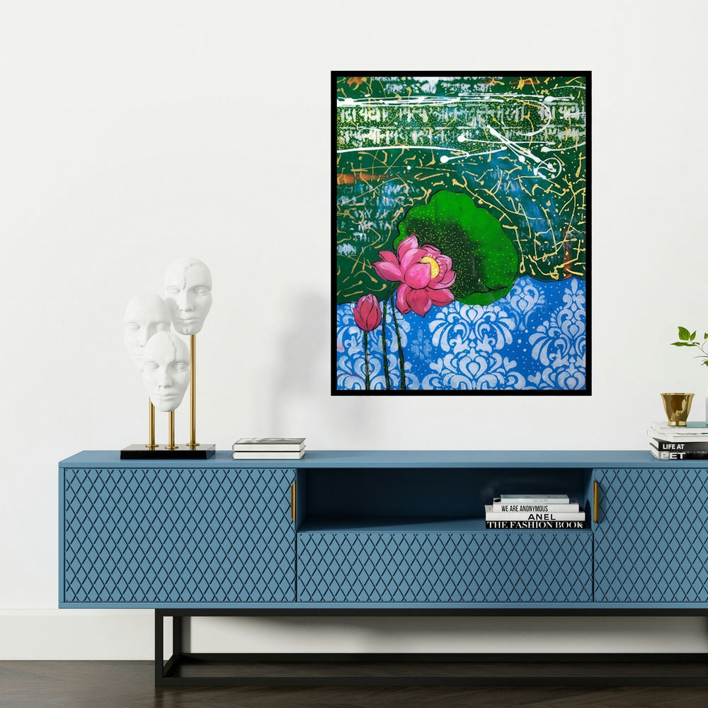 'Flower 3 (Lotus Bloom 1)' painting by Gopal Roy shown on a wall in a furnished room.