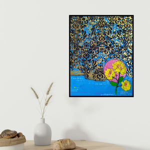 Gopal Roy's 'Flower 4 (Abstract Floral 2)' painting visualized above a sofa in a contemporary room.