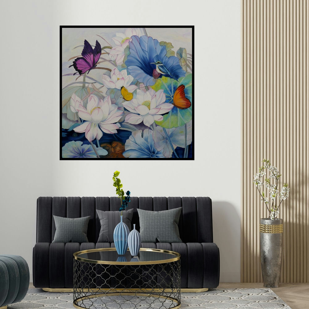 Sulakshana Dharmadhikari's 'Flower And Birds (Lotus Pond Harmony)' painting visualized above a sofa in a contemporary room.