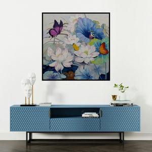 'Flower And Birds (Lotus Pond Harmony)' painting by Sulakshana Dharmadhikari shown on a wall in a furnished room.