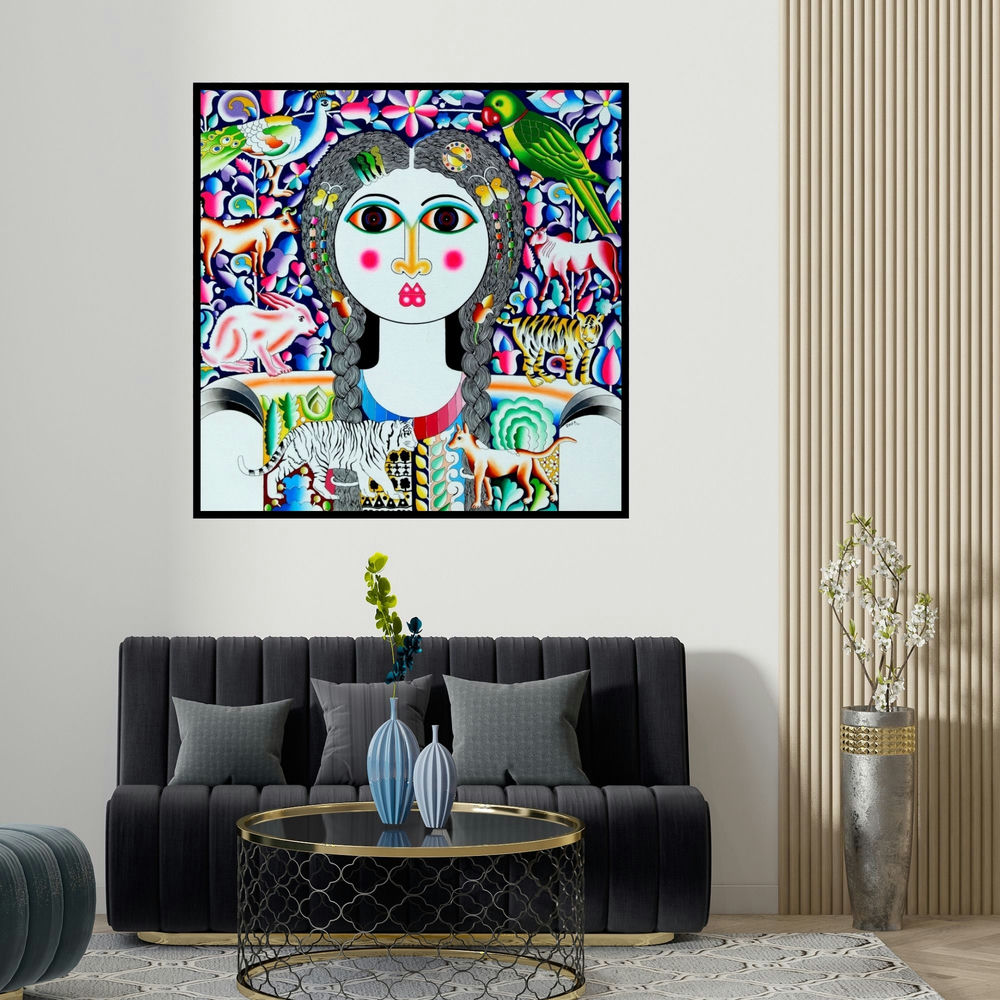 Ravi Kattakuri's 'Flower And Girl (Harmony with Nature)' painting visualized above a sofa in a contemporary room.