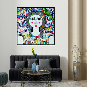 Ravi Kattakuri's 'Flower And Girl (Harmony with Nature)' painting visualized above a sofa in a contemporary room.