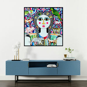 'Flower And Girl (Harmony with Nature)' painting by Ravi Kattakuri shown on a wall in a furnished room.