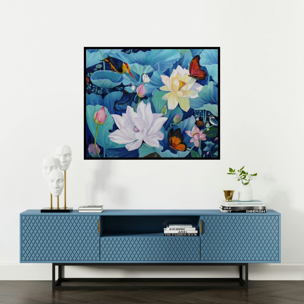 Sulakshana Dharmadhikari's 'Flower With Birds Butterfly 1' painting visualized above a sofa in a contemporary room.