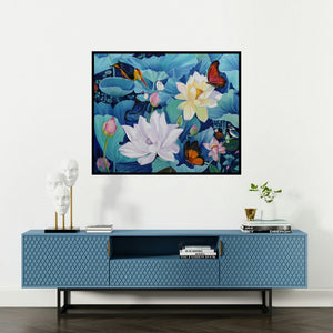 Sulakshana Dharmadhikari's 'Flower With Birds Butterfly 1' painting visualized above a sofa in a contemporary room.