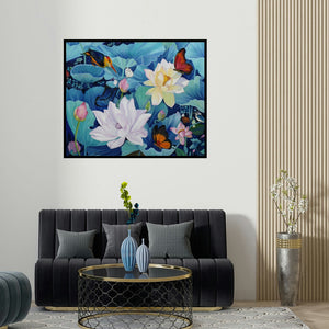 'Flower With Birds Butterfly 1' painting by Sulakshana Dharmadhikari shown on a wall in a furnished room.