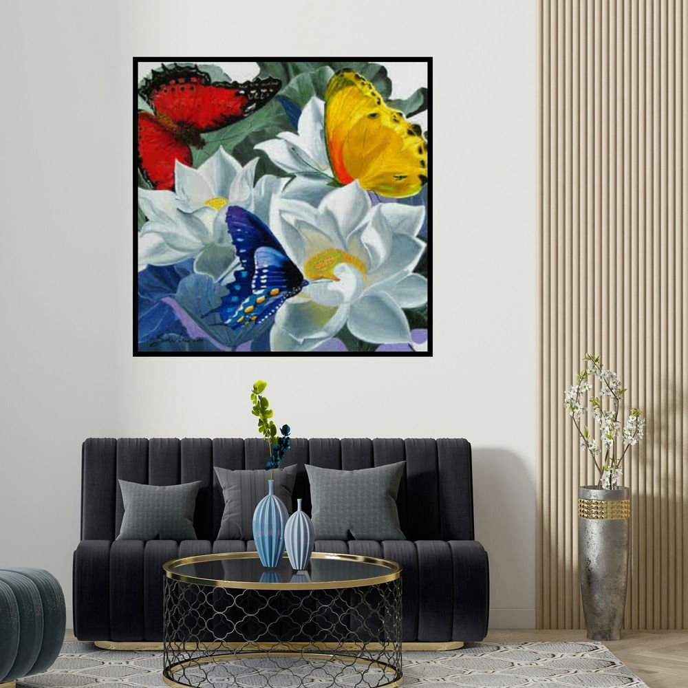 Sulakshana Dharmadhikari's 'Flower With Butterfly 1' painting visualized above a sofa in a contemporary room.