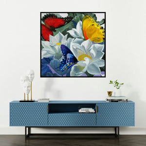 'Flower With Butterfly 1' painting by Sulakshana Dharmadhikari shown on a wall in a furnished room.