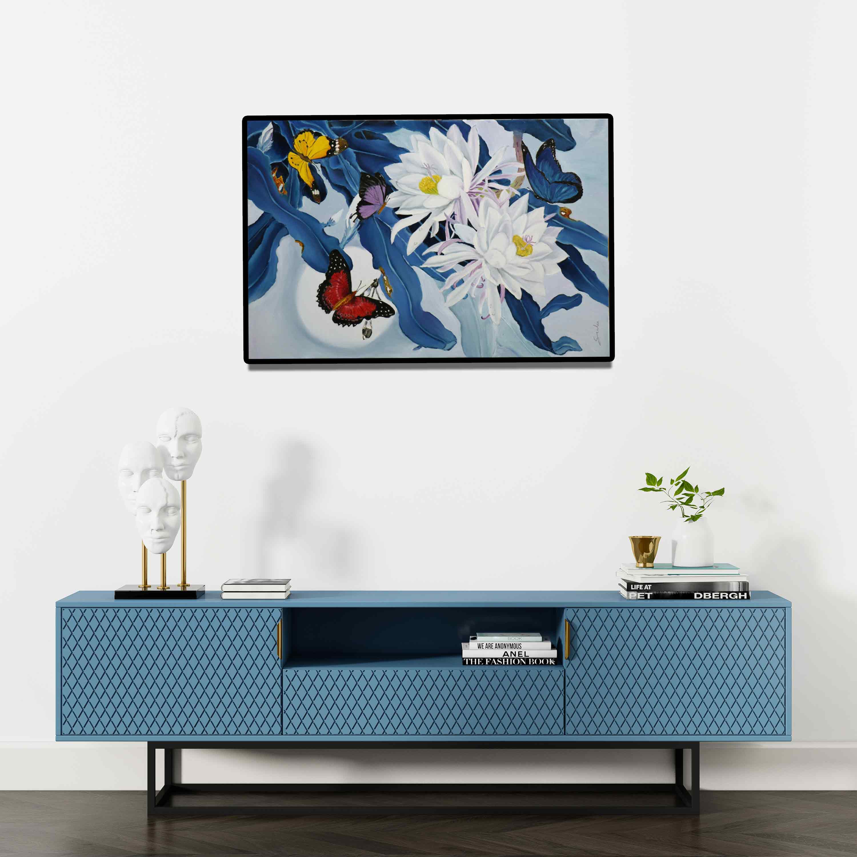 Preview of 'Flower With Butterfly 11' Painting by Sulakshana Dharmadhikari shown on a wall in a furnished room.