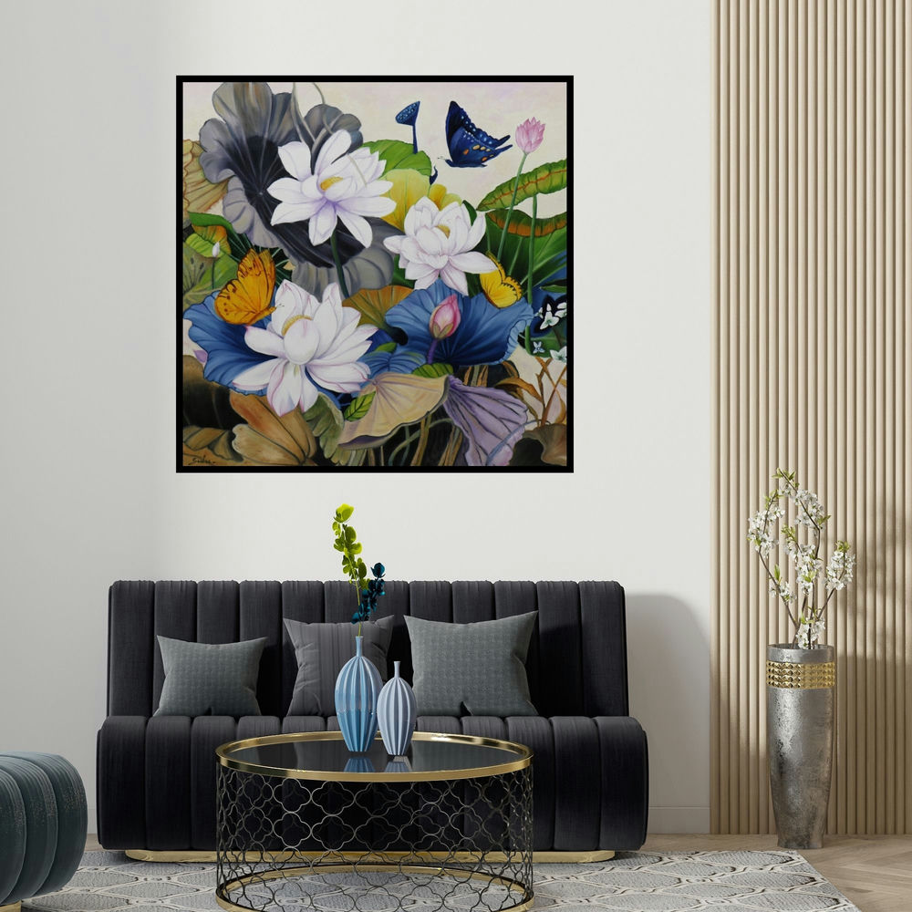 Sulakshana Dharmadhikari's 'Flower With Butterfly (Lotus and Butterflies)' painting visualized above a sofa in a contemporary room.