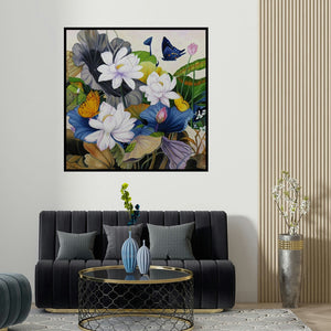Sulakshana Dharmadhikari's 'Flower With Butterfly (Lotus and Butterflies)' painting visualized above a sofa in a contemporary room.