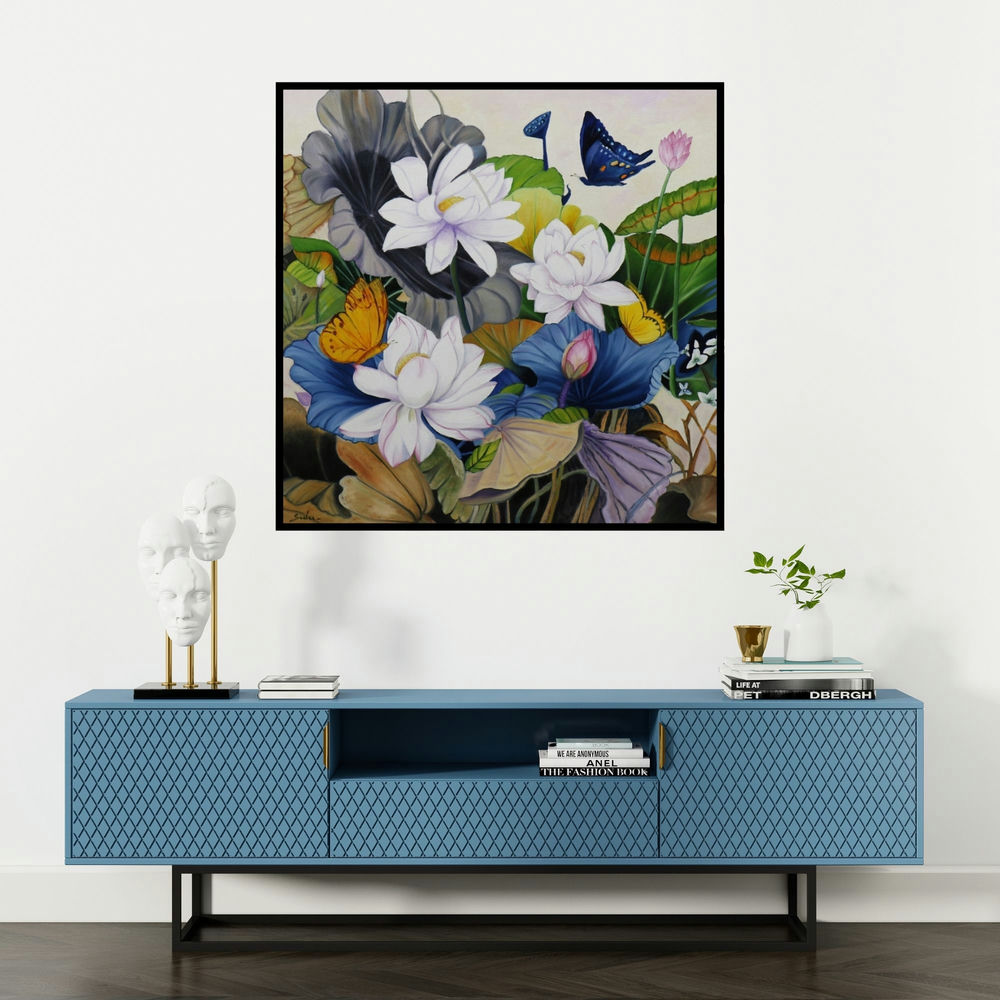 'Flower With Butterfly (Lotus and Butterflies)' painting by Sulakshana Dharmadhikari shown on a wall in a furnished room.