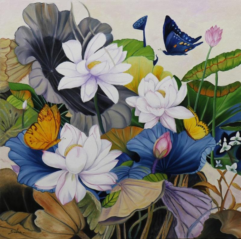 Nature oil painting titled 'Flower With Butterfly', 36x36 inches, by artist Sulakshana Dharmadhikari on Canvas